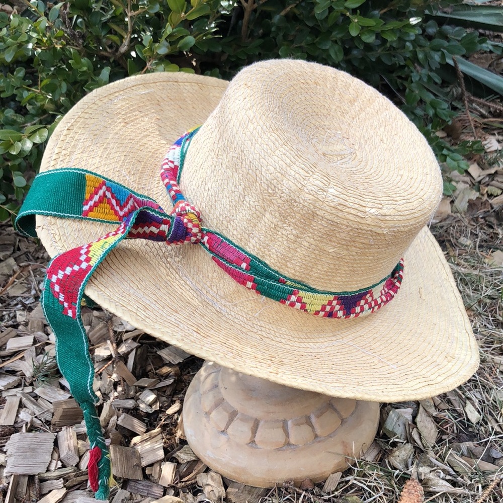 Vintage Rattan Sun Hat with Woven “Belt” Detail on Brim-EUC